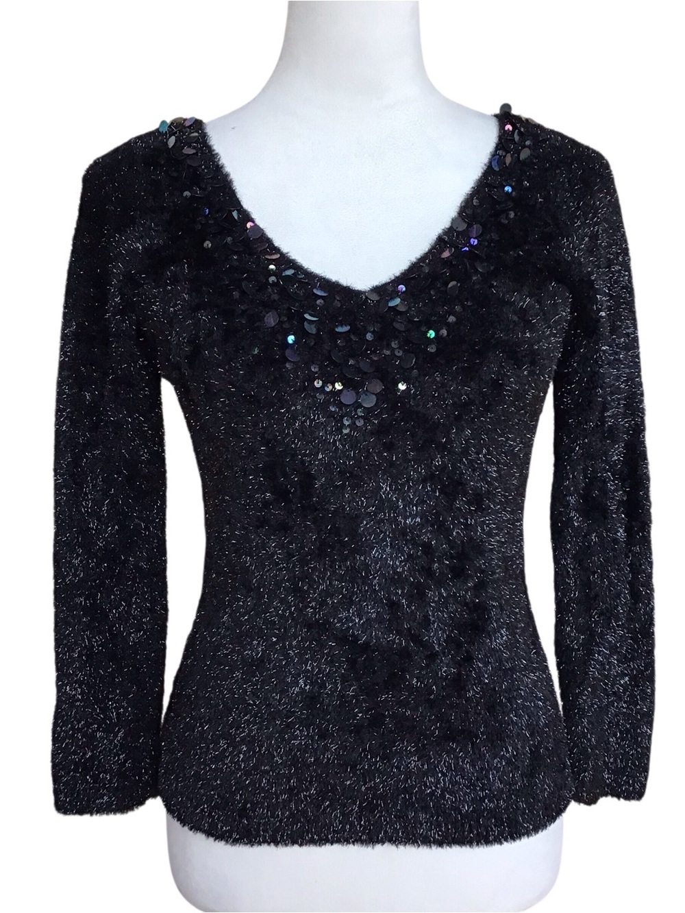 Nicole Miller Black Fuzzy Sequin V Neck Sweater
